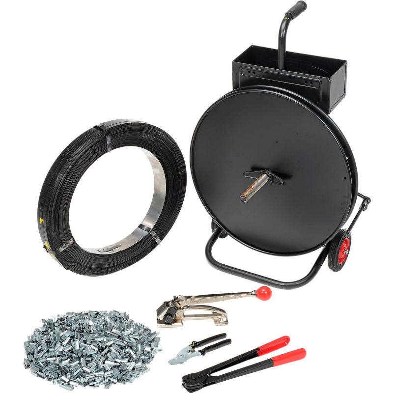 Polypropylene Strapping Kit With Tools – Strapping ½”, 12mm X 9900’/roll, 300 Lbs Test, Sealing Clamp, Tensioner, 2000 Open Seals And A Portable Universal Winder