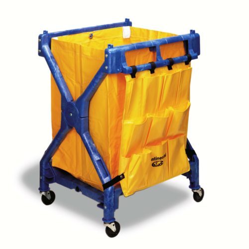Robust folding cleaning cart (37.5" x 28" x 36.2") for collecting trash or linens, blue