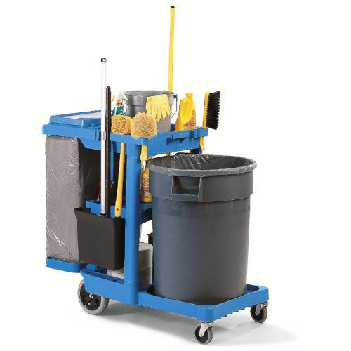 Janitorial cart/trolley (46" x 21¾" x 38⅜"h) with 2 storage trays, platform for garbage bags and yellow vinyl bag - blue
