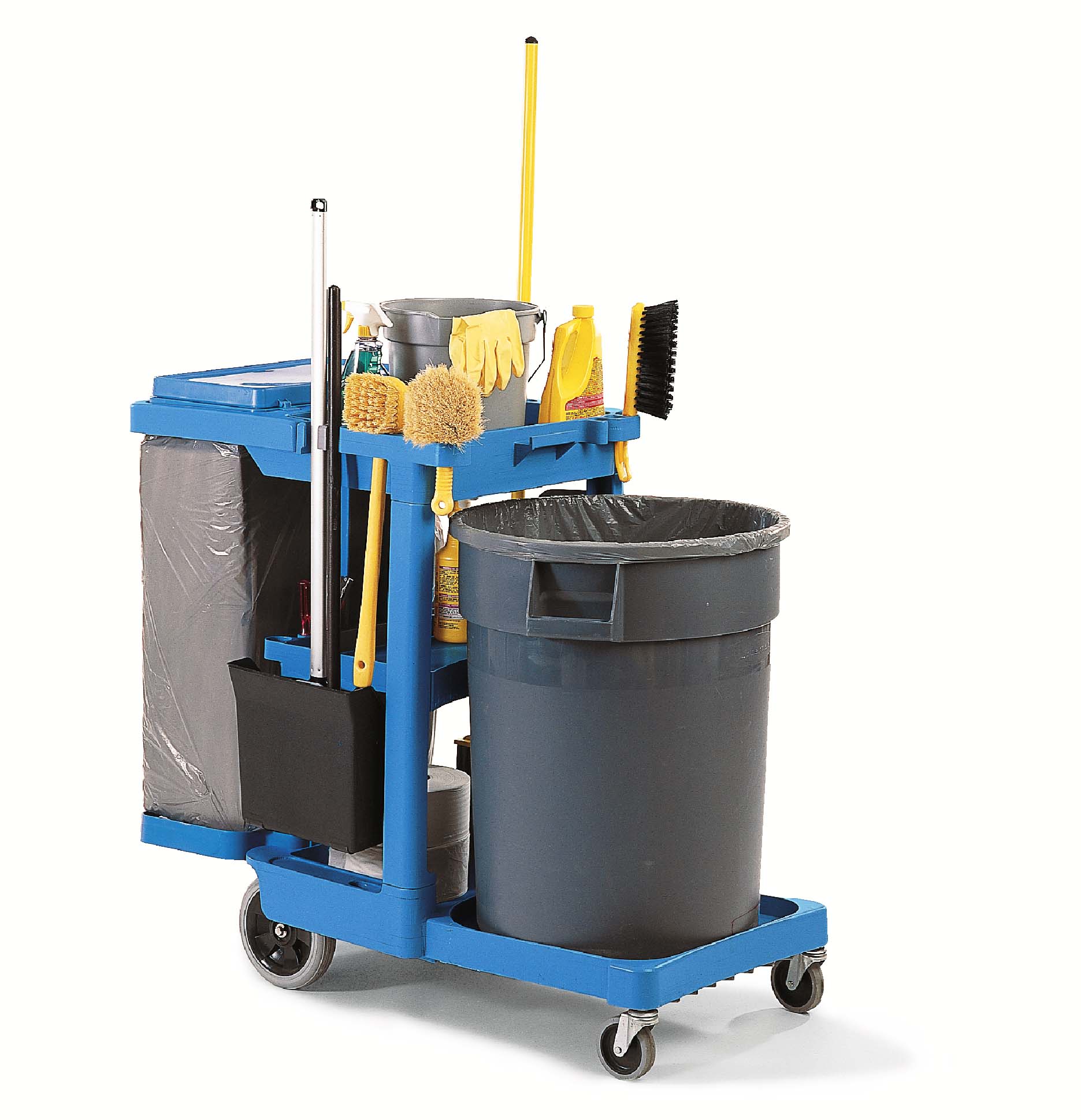 Janitorial Cart/trolley (46″ X 21¾” X 38⅜”h) With 2 Storage Trays, Platform For Garbage Bags And Yellow Vinyl Bag – Blue