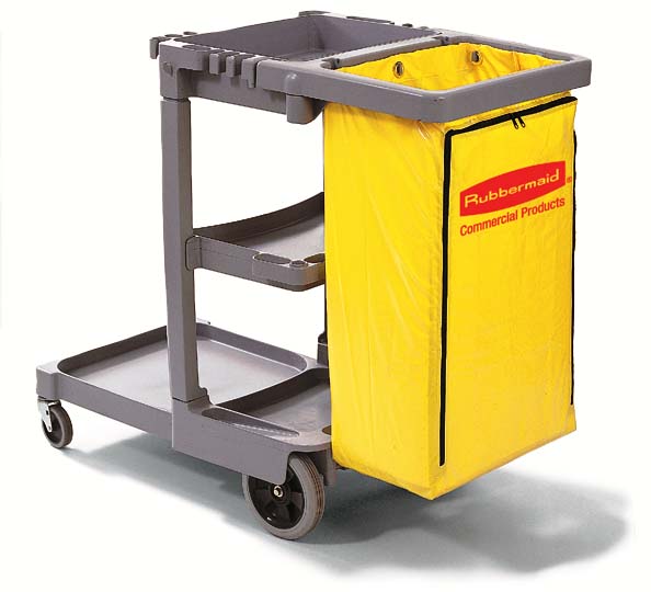 Janitorial Cart/trolley (46″ X 21¾” X 38⅜”h) With 2 Storage Trays, Platform For Garbage Bags And Yellow Vinyl Bag – Grey