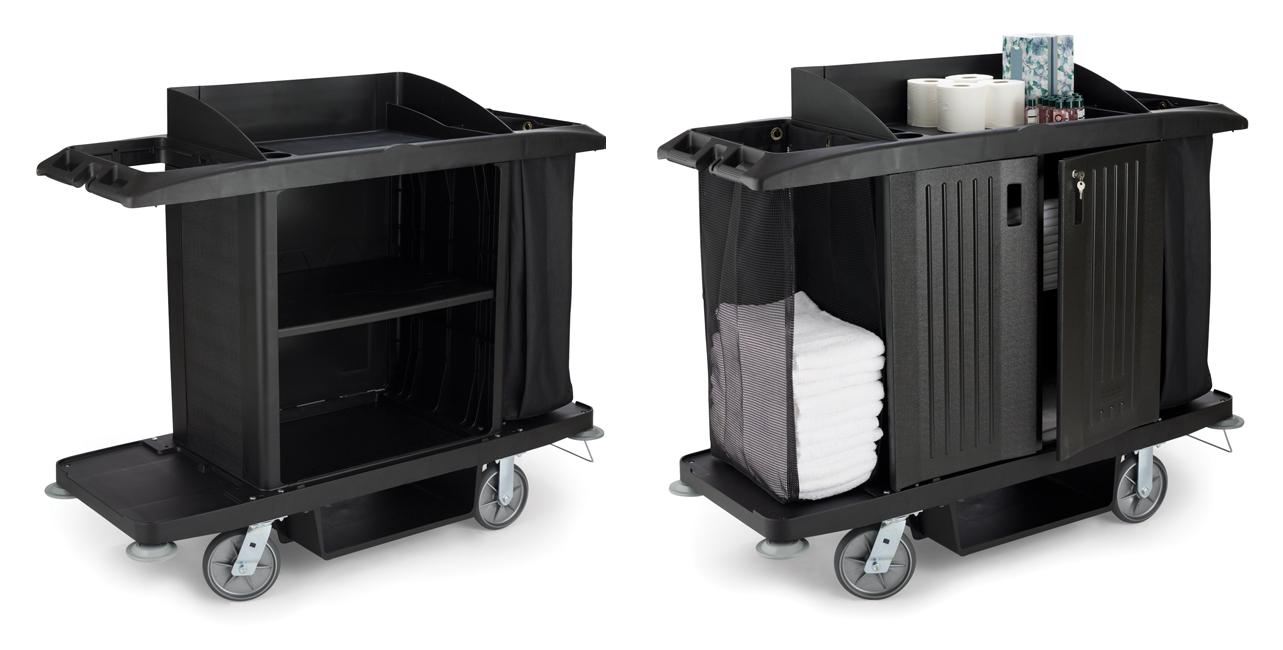 RUBBERMAID – Hotel Maintenance Cart/trolley (60″ X 22″ X 50″h) With Storage Tray And Compartments, Platform For Vacuum And Vinyl Bag – Black