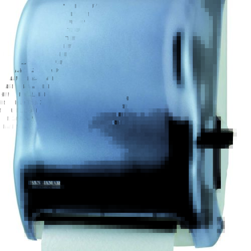 Robust plastic hand paper dispenser controlled delivery for 8" rolls, blue