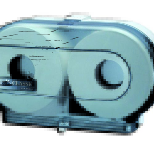 Double toilet paper dispenser for mini-jumbo rolls, plastic blue